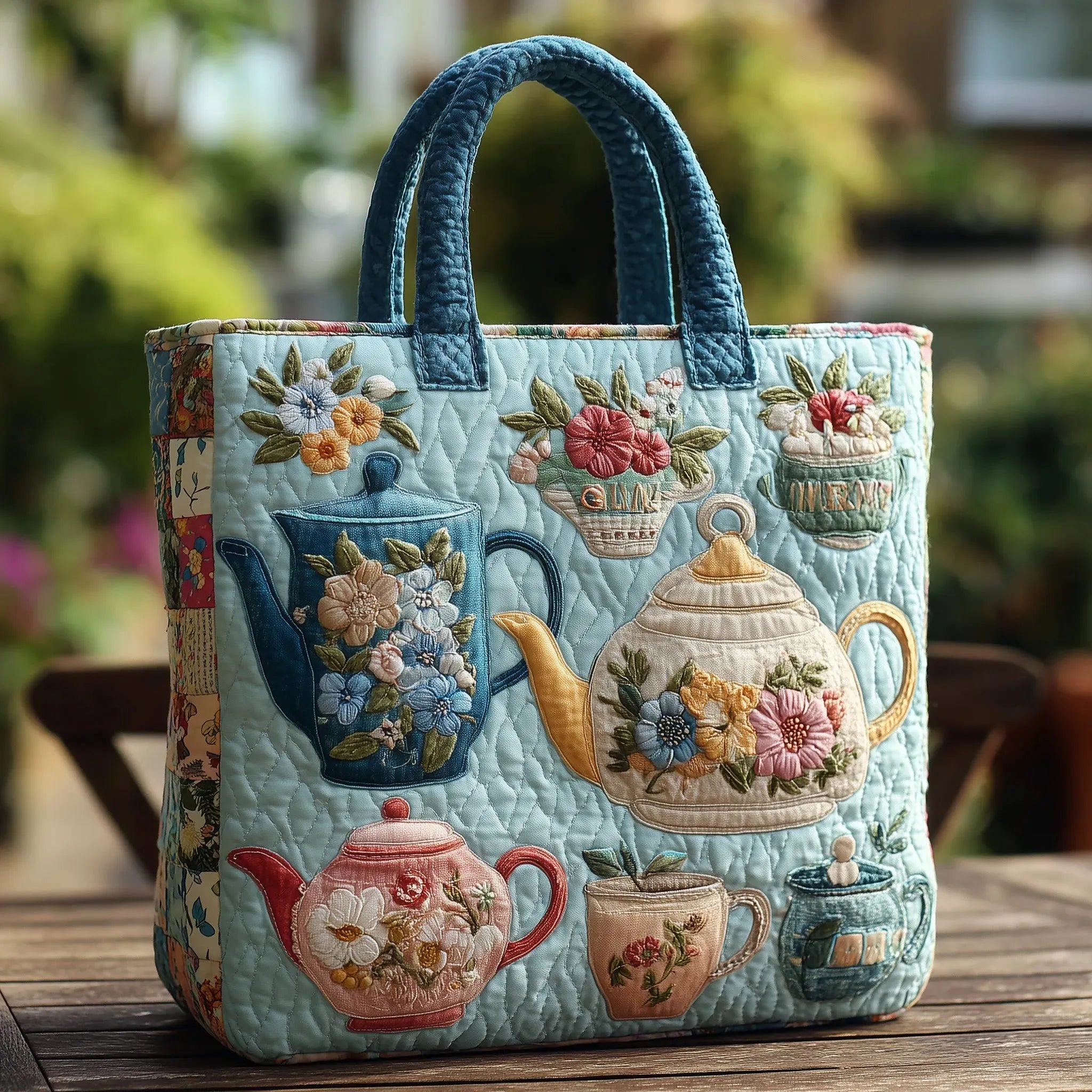 Sac artisanal au motif floral bleu