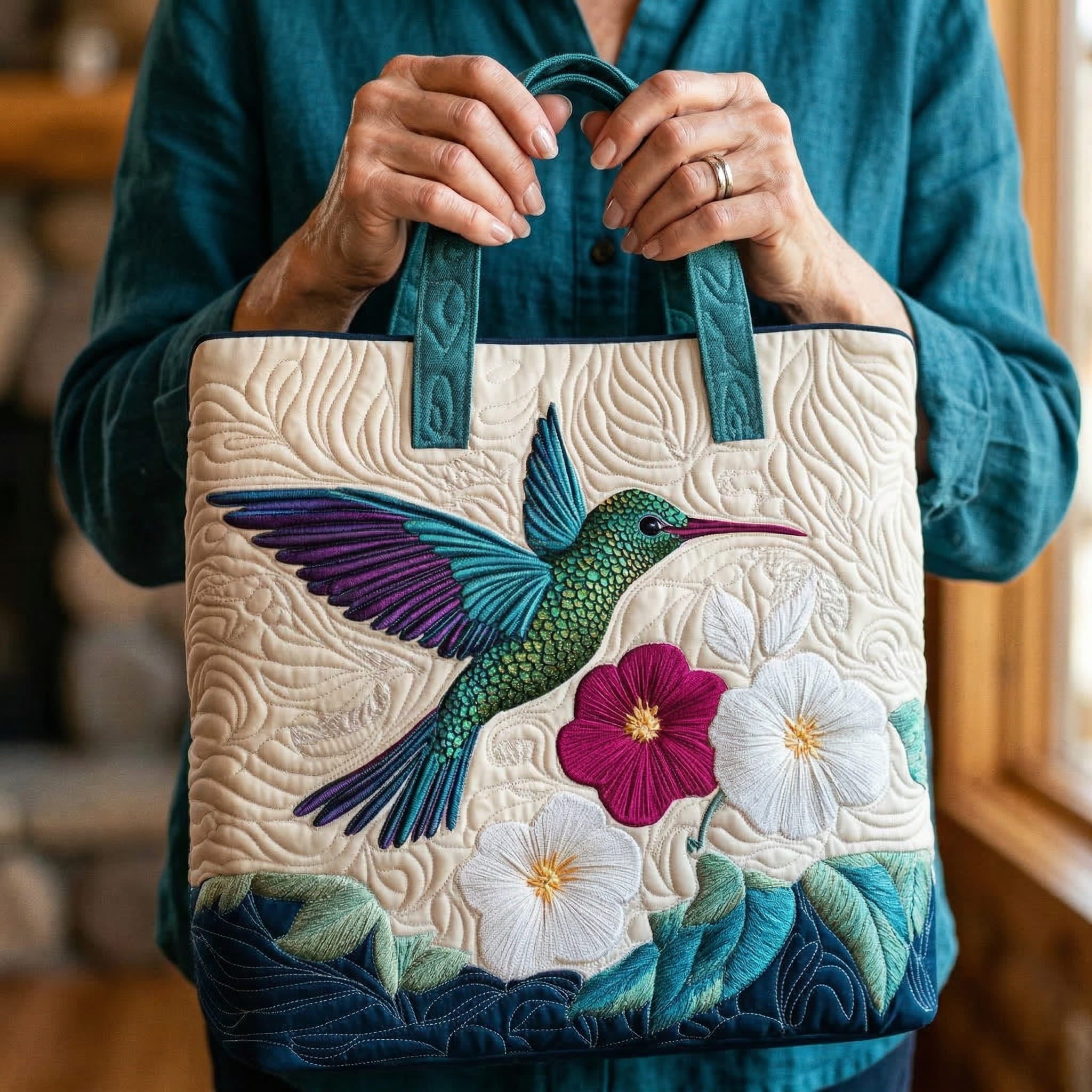 Sac artisanal à motif fleur blanche