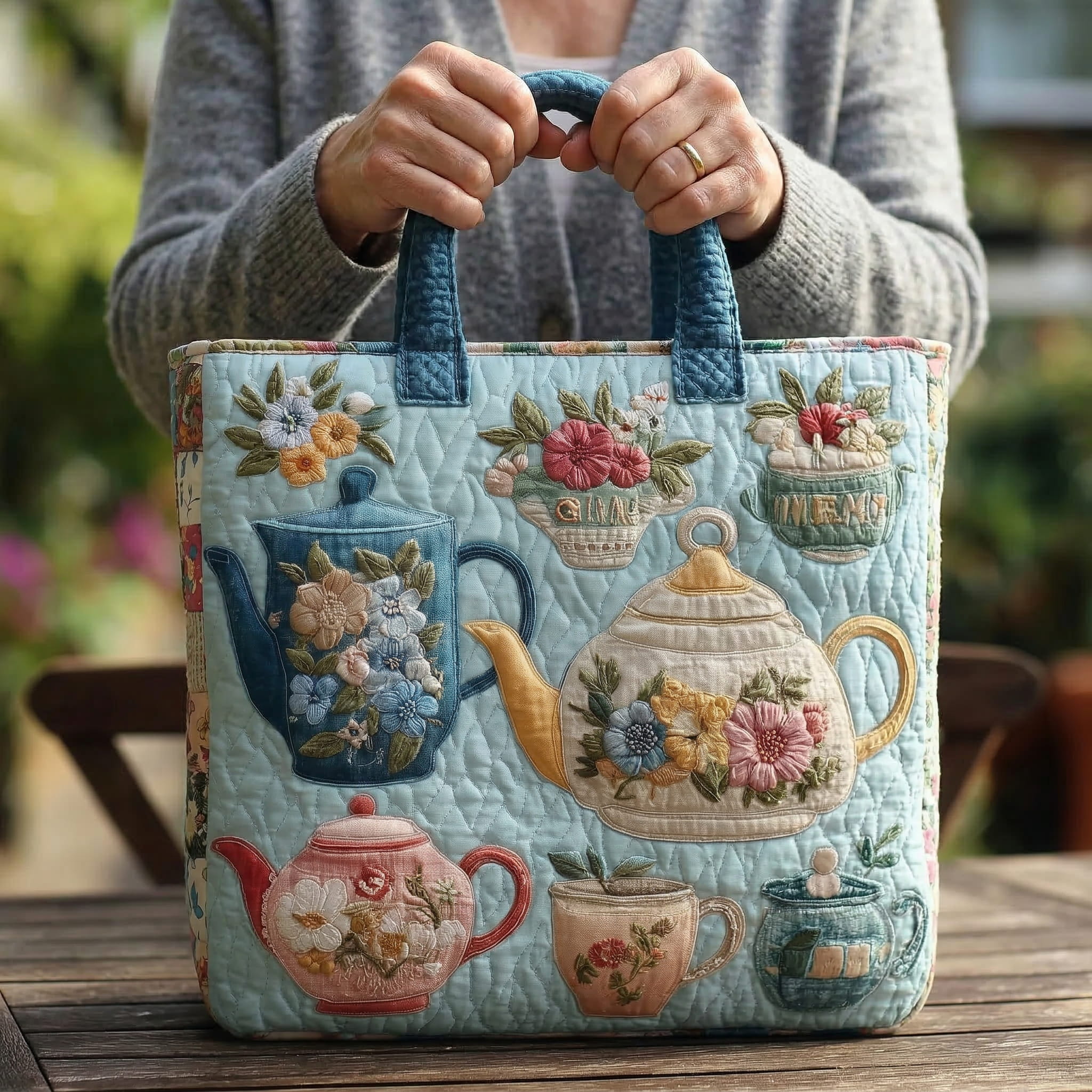 Sac artisanal au motif floral bleu